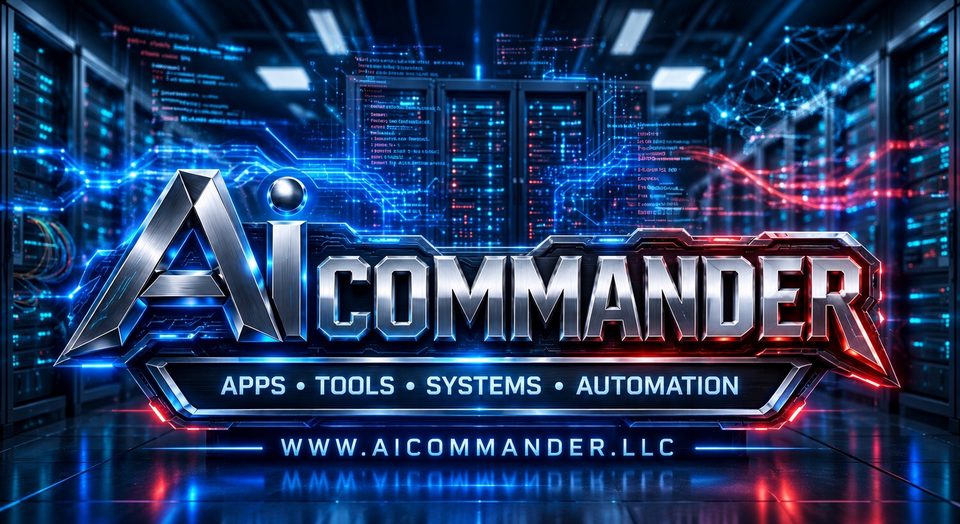 Ai Commander banner: chrome Ai Commander lettering with an electric blue glow in front of a server room, above a plate reading Apps, Tools, Systems, Automation and the address www.aicommander.llc.